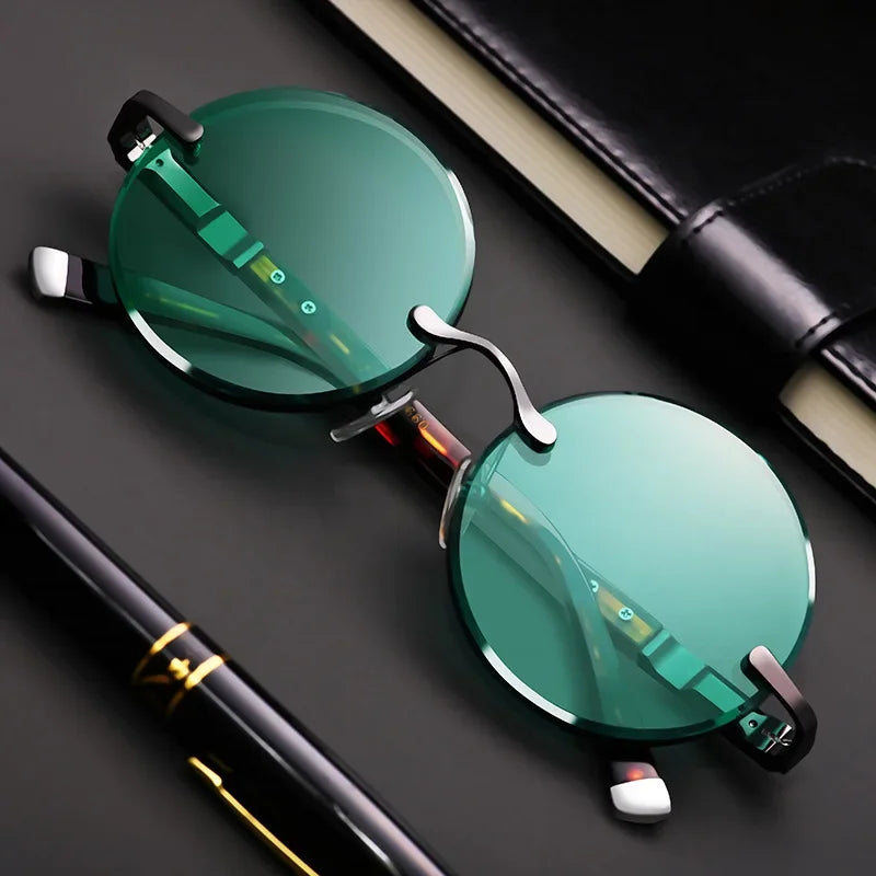 Fashion Classic Rimless Sunglasses Women Men Crystal Dark Green Lens Sun Glasses Retro Round Glasses Outdoor Driving Eyeglasses