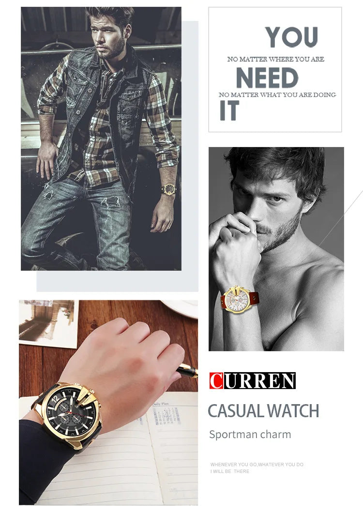 Mens Watches Top Brand Luxury Gold Leather Quartz Watch Men Curren Casual Male Wrist Watch Military Relogio Masculino Dropship