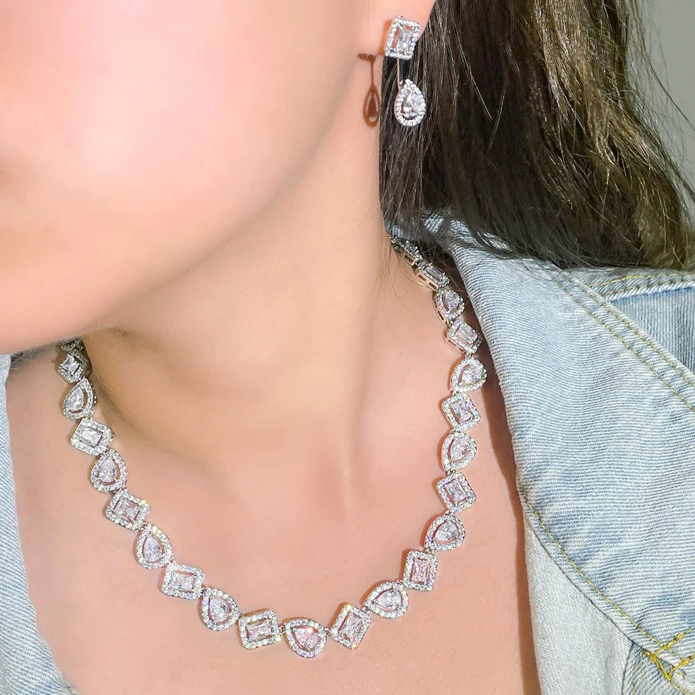 CWWZircons New Sparkling Square Shape Cubic Zircon 4pcs Wedding Bridal Necklace Jewelry Sets Luxury Dubai White Gold Color T607