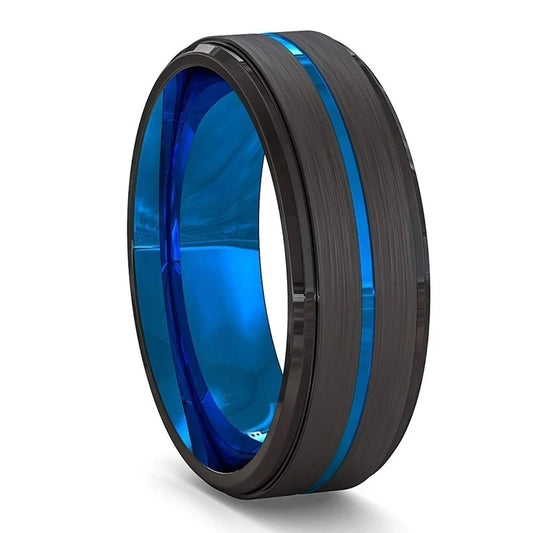 8MM Men Fashion Ring Black Brushed Ladder Edge Stainless Steel Blue Groove Transparent Men Ring For Men Wedding Ring Gifts