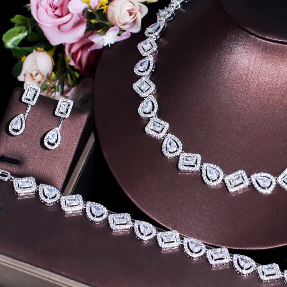 CWWZircons New Sparkling Square Shape Cubic Zircon 4pcs Wedding Bridal Necklace Jewelry Sets Luxury Dubai White Gold Color T607