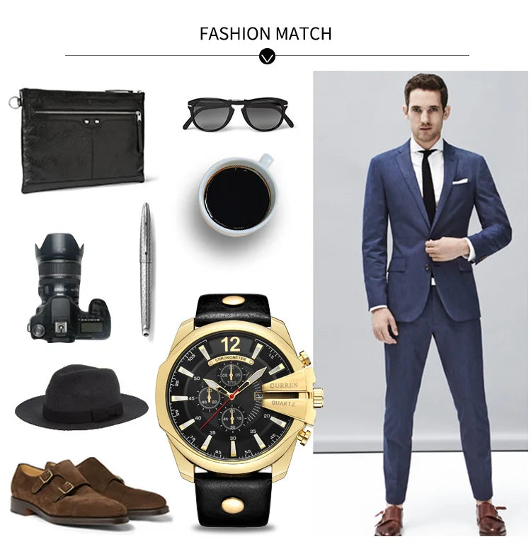 Mens Watches Top Brand Luxury Gold Leather Quartz Watch Men Curren Casual Male Wrist Watch Military Relogio Masculino Dropship