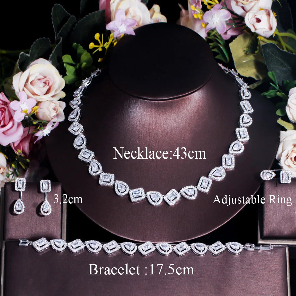 CWWZircons New Sparkling Square Shape Cubic Zircon 4pcs Wedding Bridal Necklace Jewelry Sets Luxury Dubai White Gold Color T607