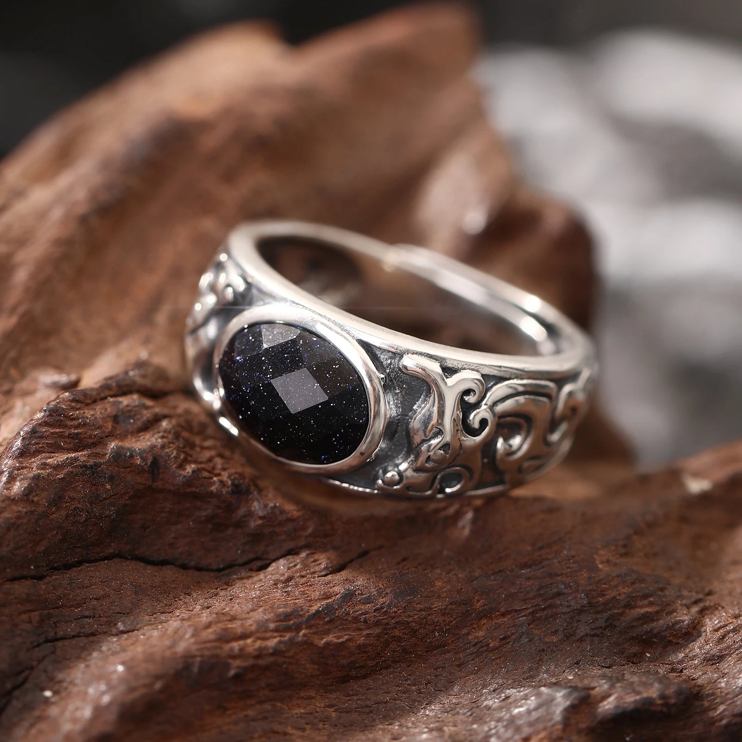 SA SILVERAGE 925 Sterling Silver Black Stone Adjustable Wedding Ring for Men Silver Band Statement Ring Wedding Bands