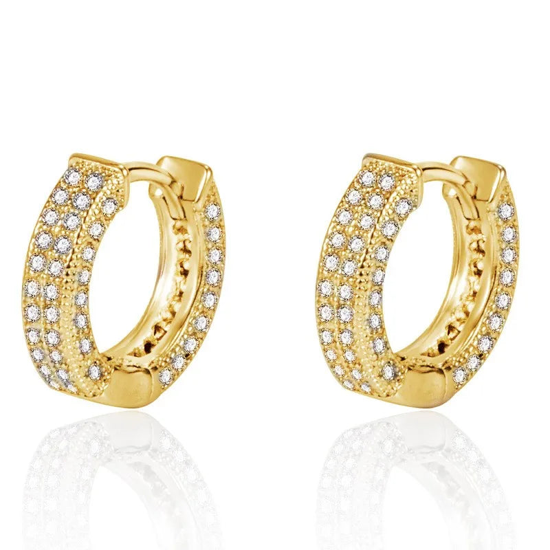 Hip Hop 1pair Bling Golden Black Round Zircon Micro Paved Iced Out Rhinestone Cz Stone Stud Earring Copper Jewelry For Men Women