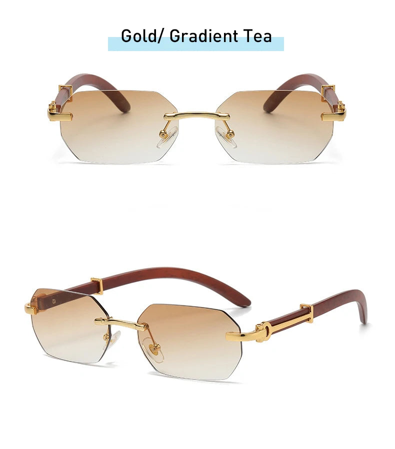 Trendy Rimless Sunglasses for Men Women Frameless Rectangle Wood Frame Sun Glasses Retro Shades Summer Traveling Eyewear UV400