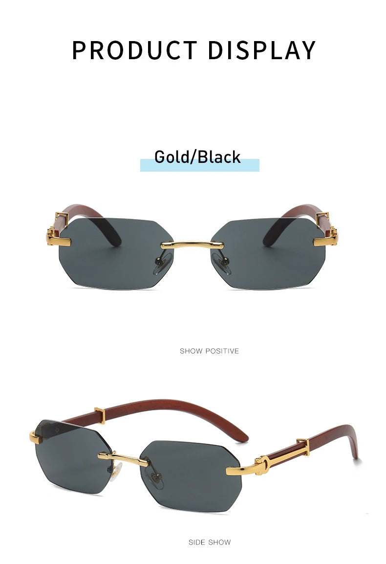Trendy Rimless Sunglasses for Men Women Frameless Rectangle Wood Frame Sun Glasses Retro Shades Summer Traveling Eyewear UV400