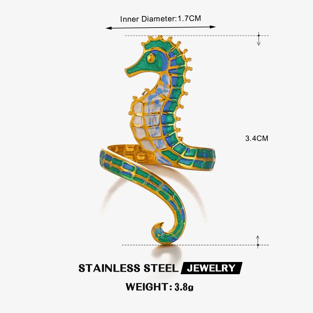 Hip Hop Ocean Elements Hippocampus Ring for Women Personality Exaggerated Seaside Vacation Wear Stainless Steel Ring Jewelry