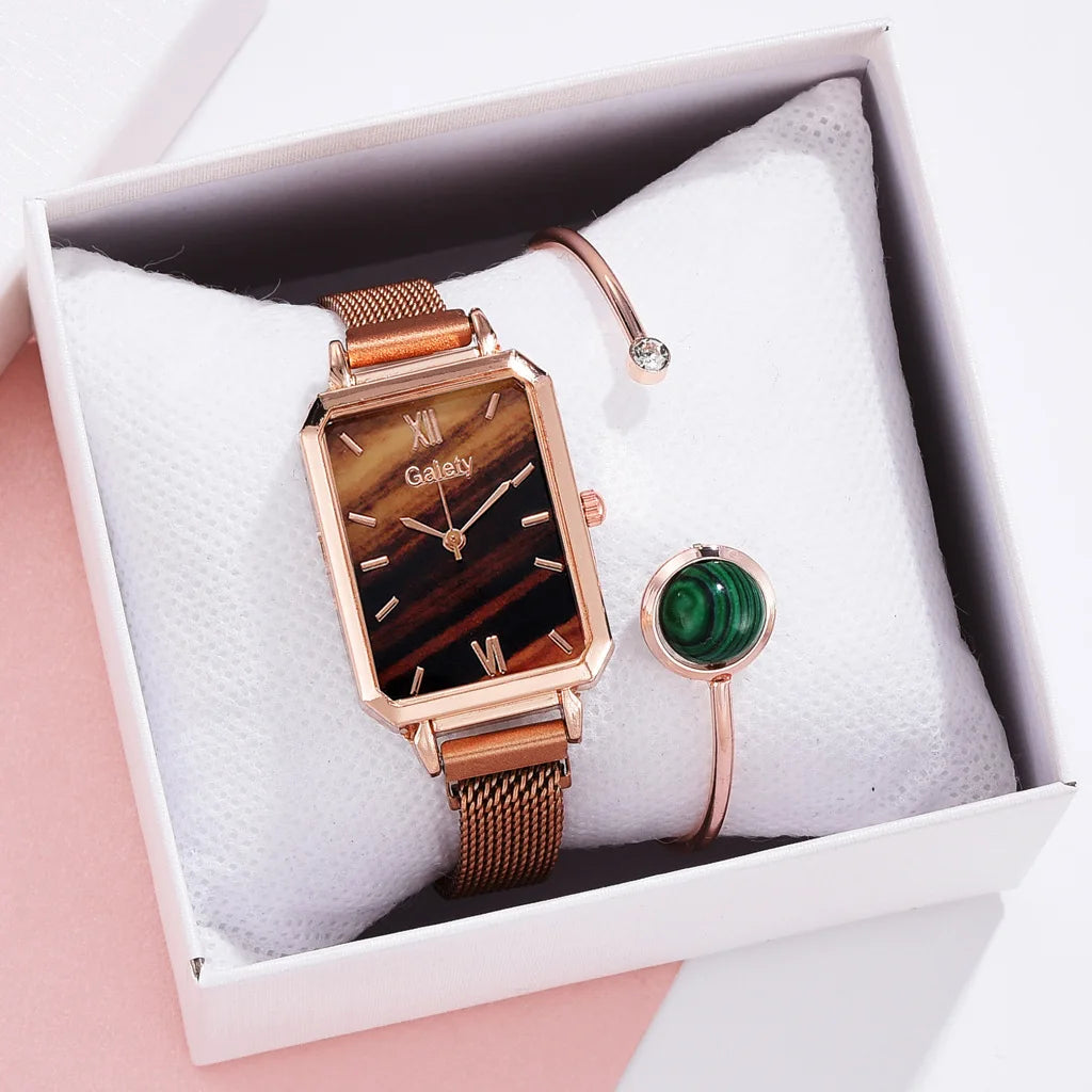 2pcs Set Women Watches Fashion Square Ladies Quartz Watch Bracelet Simple Rose Gold Mesh Luxury Women Watches Relogio Feminino