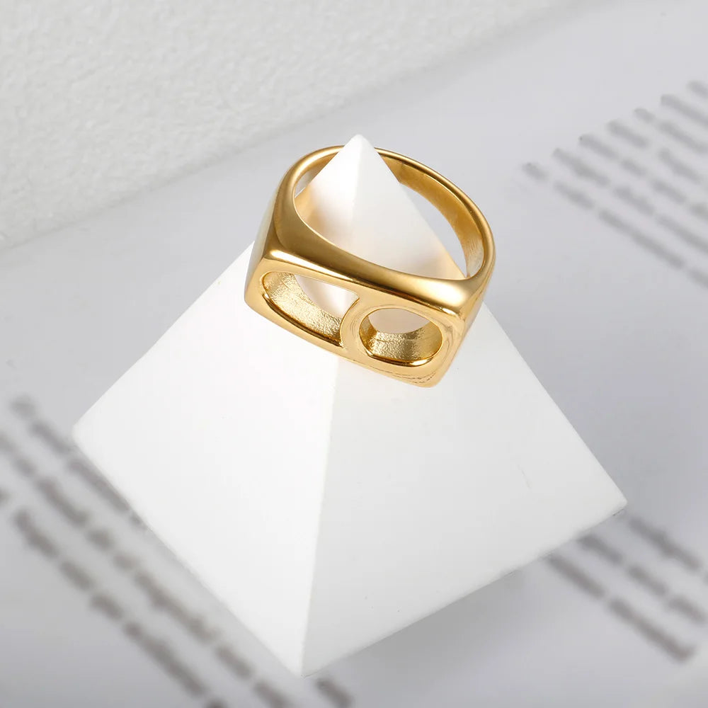 Irregular Two Geometric Hollow Ring  Stainless Steel Waterproof Daily Wear Jewelry