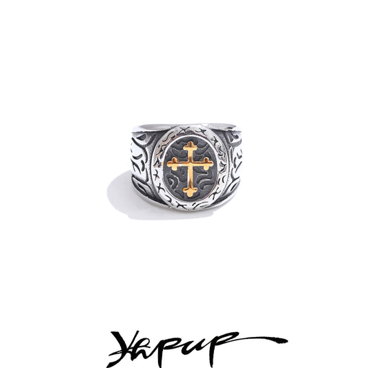 Yhpup Size 9 10 11 12# Punk Retro Cross Cast Wide Ring for Men Trend Hip Hop Street Personality Stainless Steel Finger Jewelry