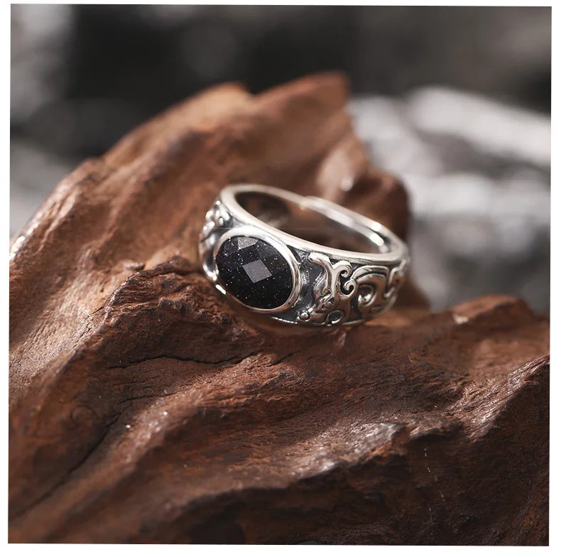 SA SILVERAGE 925 Sterling Silver Black Stone Adjustable Wedding Ring for Men Silver Band Statement Ring Wedding Bands