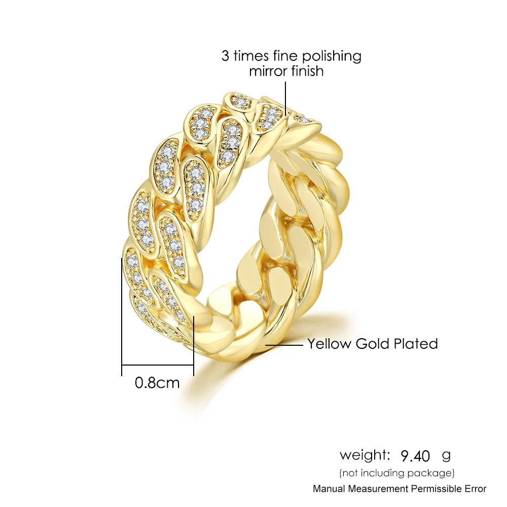 Hip Hop Cuban Link Ring For Women Men Hollow Crystal Zircon Gold Color Finger Rings Accessories Hippie Punk Jewelry OHR021