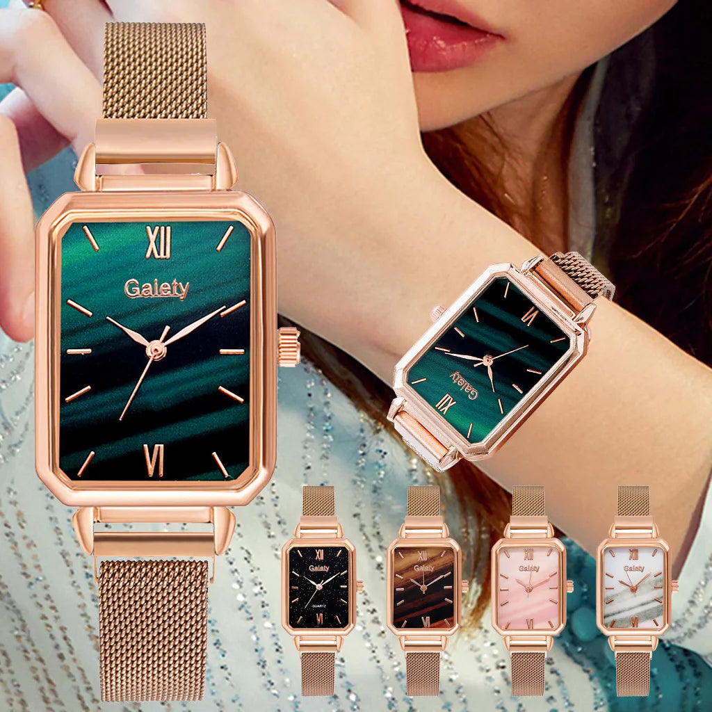 2pcs Set Women Watches Fashion Square Ladies Quartz Watch Bracelet Simple Rose Gold Mesh Luxury Women Watches Relogio Feminino