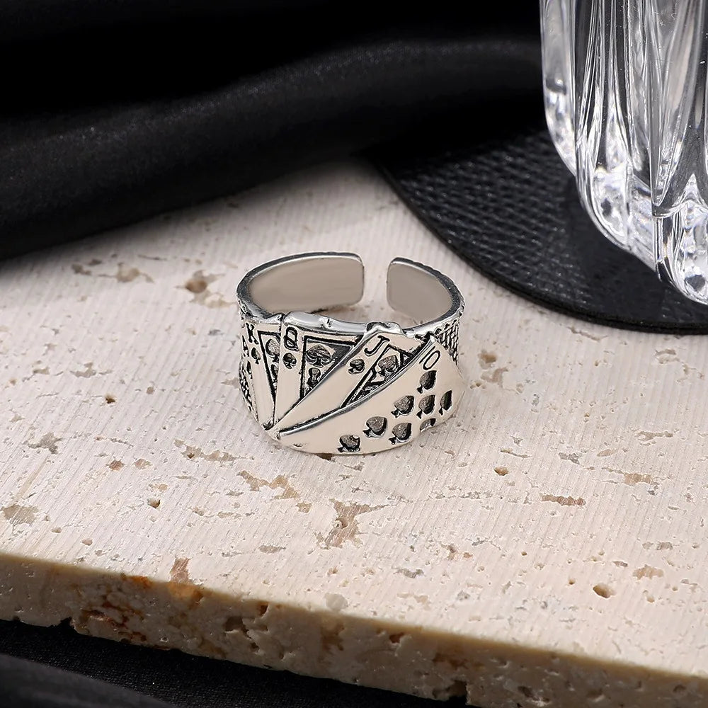 Punk Retro Metal Playing Card Ring Personality Hip Hop Rock Open Ring for Men Women Gothic Finger Jewellery Accessories Gifts
