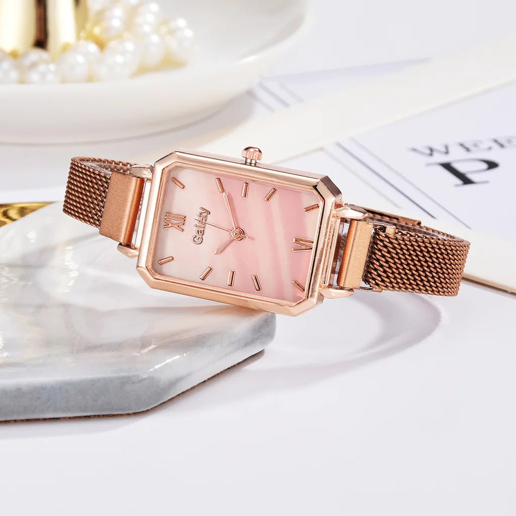 2pcs Set Women Watches Fashion Square Ladies Quartz Watch Bracelet Simple Rose Gold Mesh Luxury Women Watches Relogio Feminino