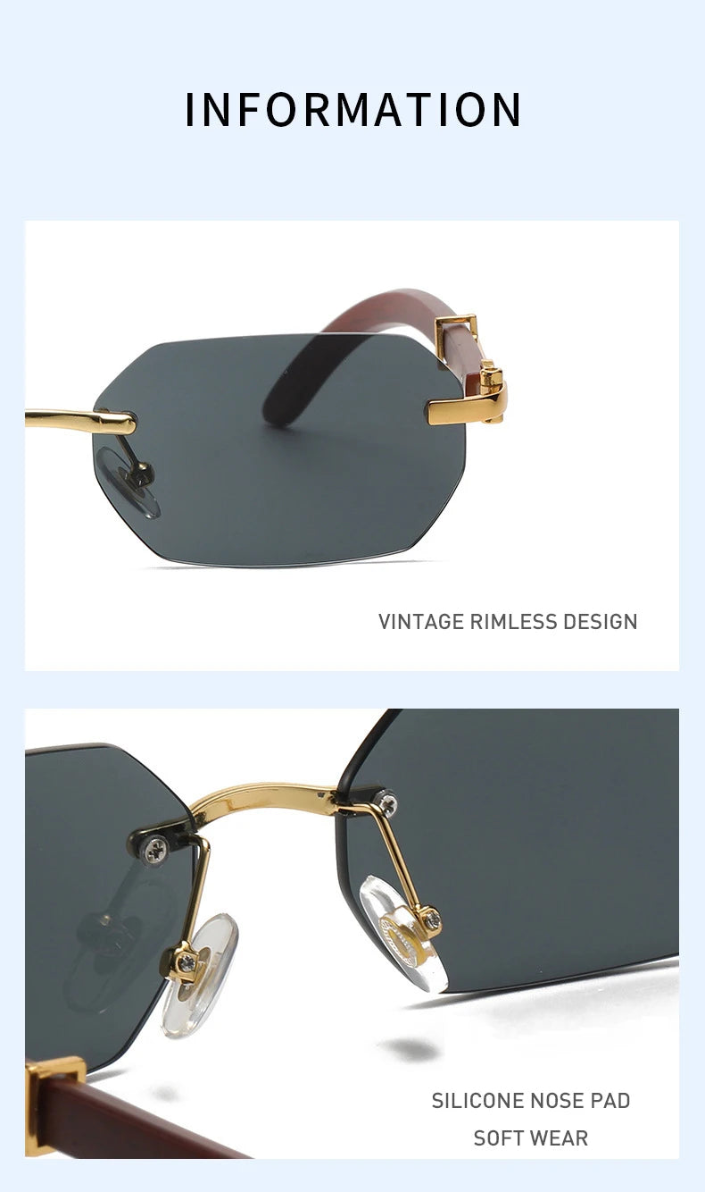 Trendy Rimless Sunglasses for Men Women Frameless Rectangle Wood Frame Sun Glasses Retro Shades Summer Traveling Eyewear UV400