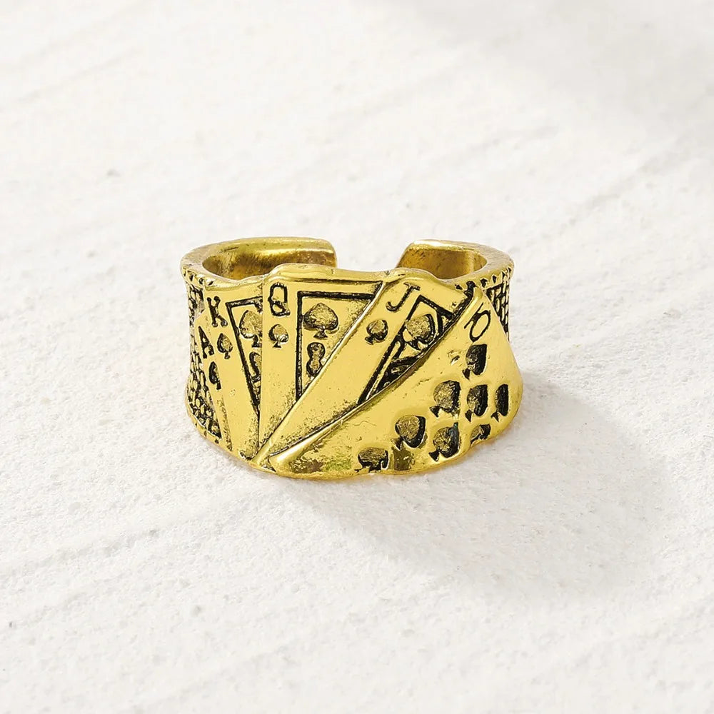 Punk Retro Metal Playing Card Ring Personality Hip Hop Rock Open Ring for Men Women Gothic Finger Jewellery Accessories Gifts
