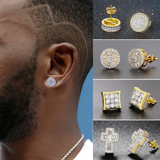 Rock Hip Hop Iced Out Stud Earring for Men Male Inlaid AAA+CZ Zircon Gold Color Piercing Ear Accessories Hiphop Trend Jewelry