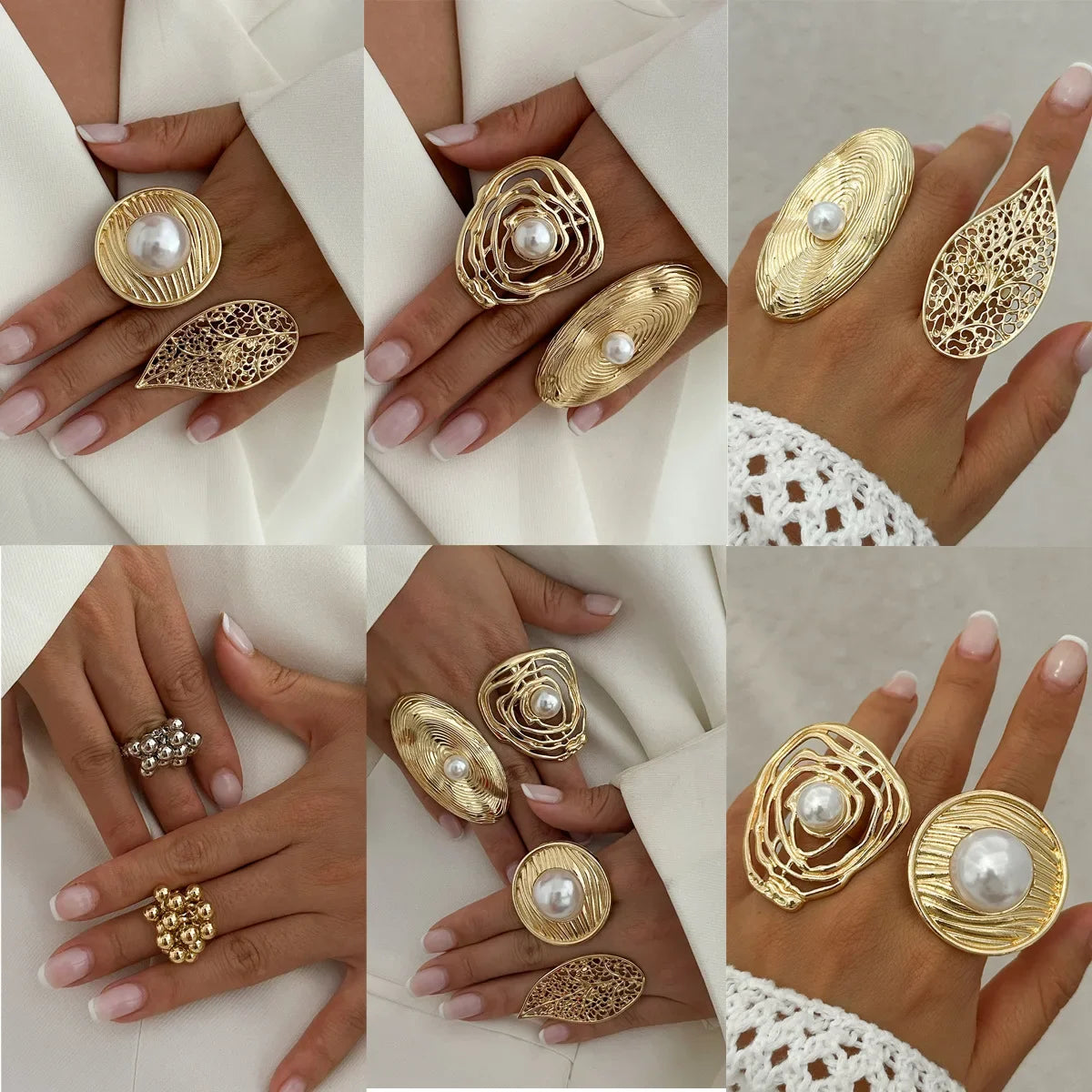 Trendy Big Women's Rings with Irregular Hollow Imitation Pearl Ins Style Niche Alloy Open Ring African Jewelry for Dubai Gifts