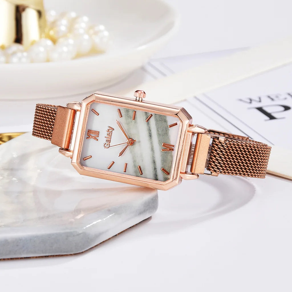 2pcs Set Women Watches Fashion Square Ladies Quartz Watch Bracelet Simple Rose Gold Mesh Luxury Women Watches Relogio Feminino