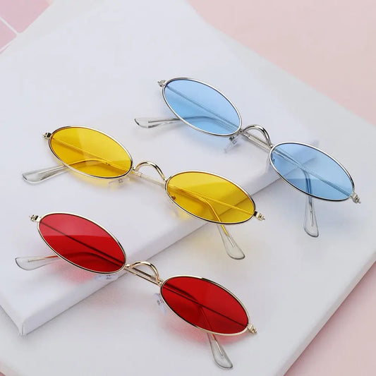 Classic Retro Oval Small Frame Sunglasses Vintage Shades Sun Glasses for Men Women Metal Color Lens Fashion Design Eyeglasses