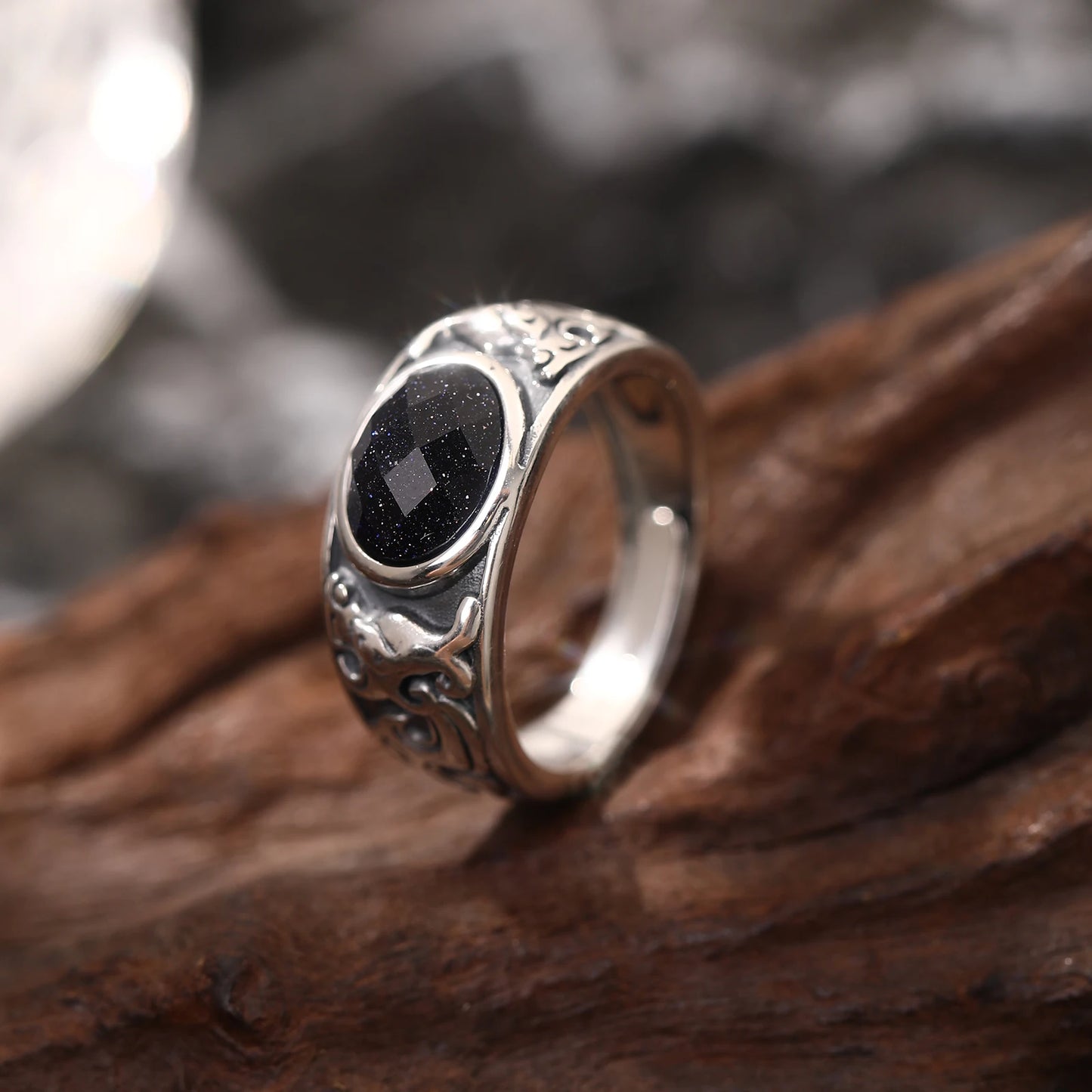 SA SILVERAGE 925 Sterling Silver Black Stone Adjustable Wedding Ring for Men Silver Band Statement Ring Wedding Bands