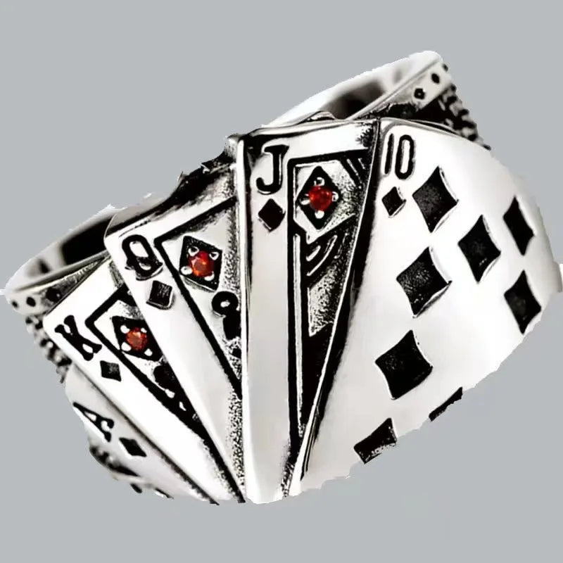 Punk Retro Metal Playing Card Ring Personality Hip Hop Rock Open Ring for Men Women Gothic Finger Jewellery Accessories Gifts