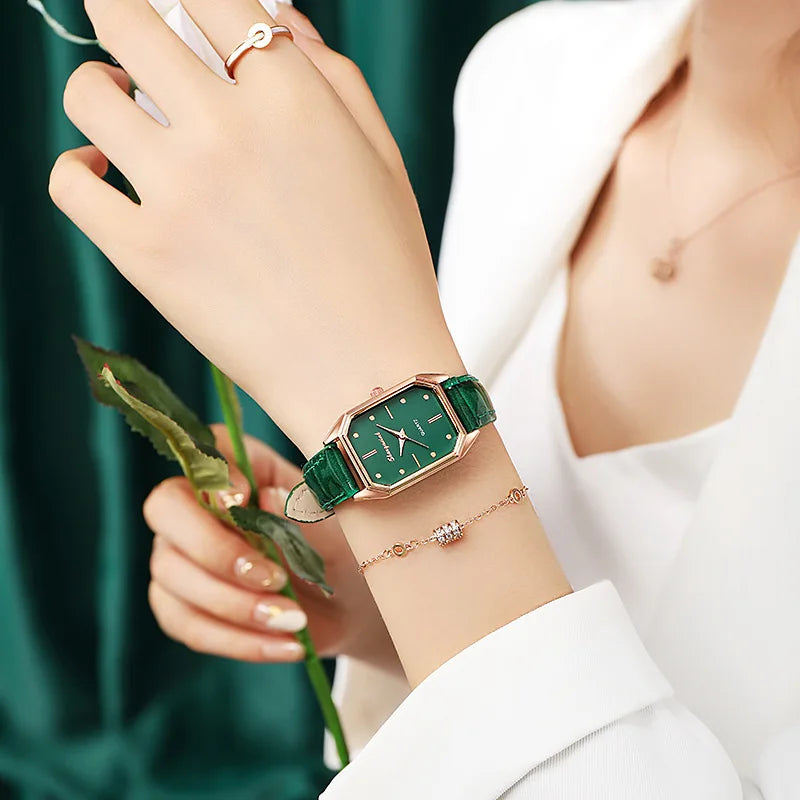 Ladies Quartz Watch Bracelet Green Dial Simple Rose Gold Dial Mesh Luxury Women Watches Brand Women Watches Fashion Square