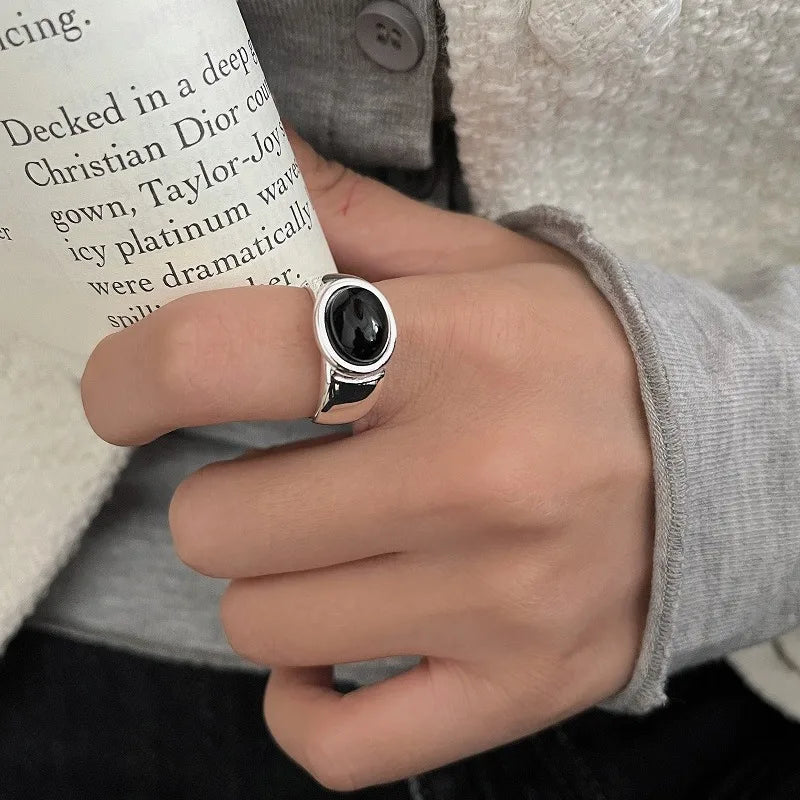 SA SILVERAGE 925 Sterling Silver Black Stone Adjustable Wedding Ring for Men Silver Band Statement Ring Wedding Bands