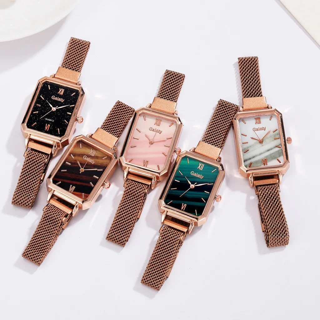 2pcs Set Women Watches Fashion Square Ladies Quartz Watch Bracelet Simple Rose Gold Mesh Luxury Women Watches Relogio Feminino