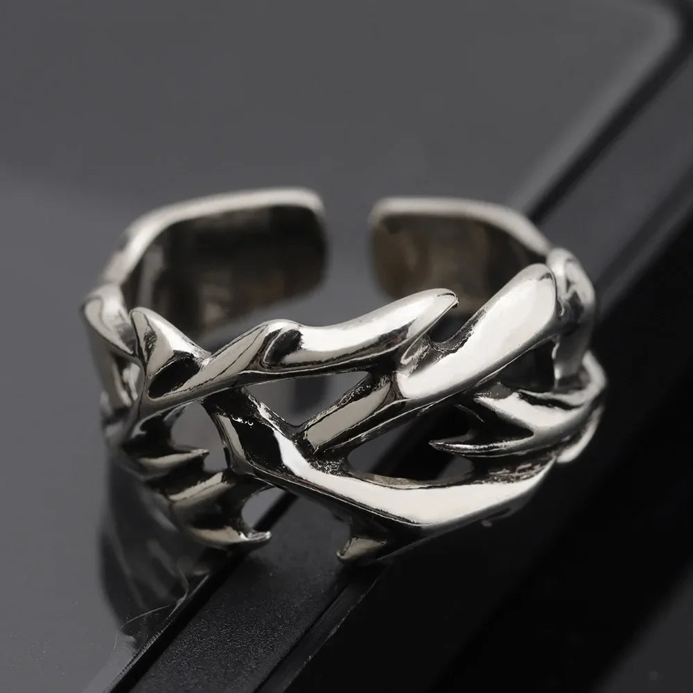 Hip Hop Rock Irregularity Thorns Stainless Steel Opening Rings Gothic Punk Finger Ring for Men Women Personality Finger Jewelry