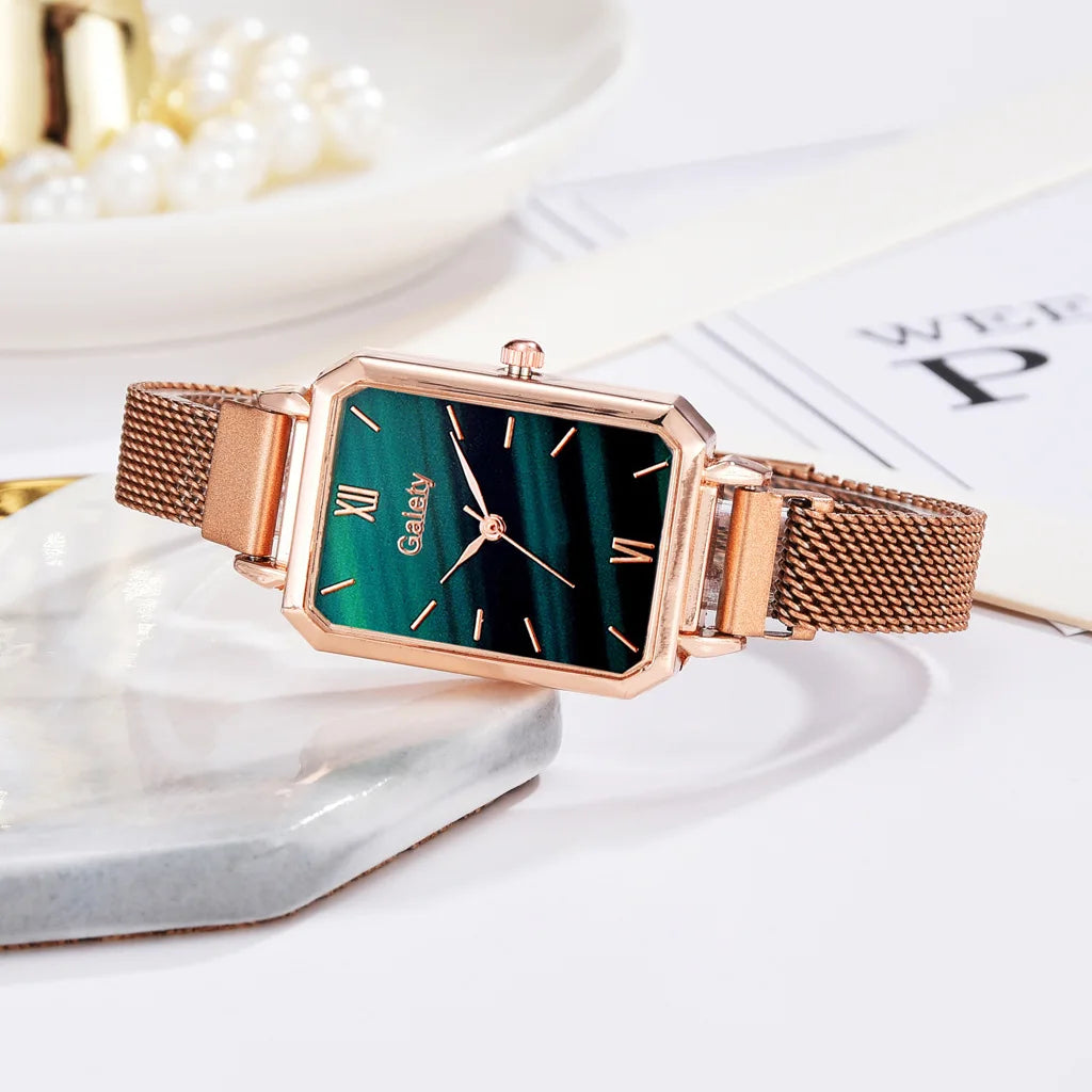 2pcs Set Women Watches Fashion Square Ladies Quartz Watch Bracelet Simple Rose Gold Mesh Luxury Women Watches Relogio Feminino