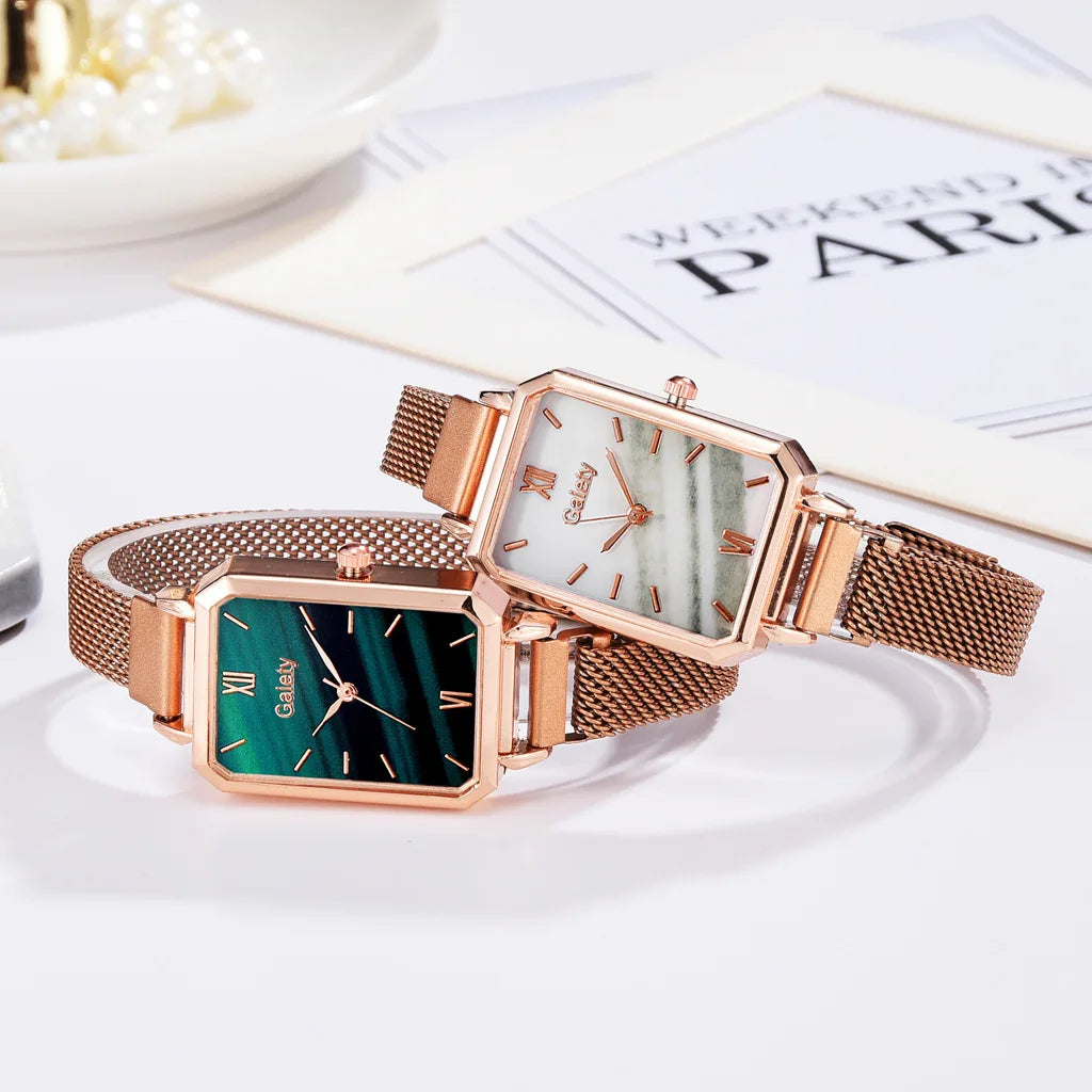 2pcs Set Women Watches Fashion Square Ladies Quartz Watch Bracelet Simple Rose Gold Mesh Luxury Women Watches Relogio Feminino