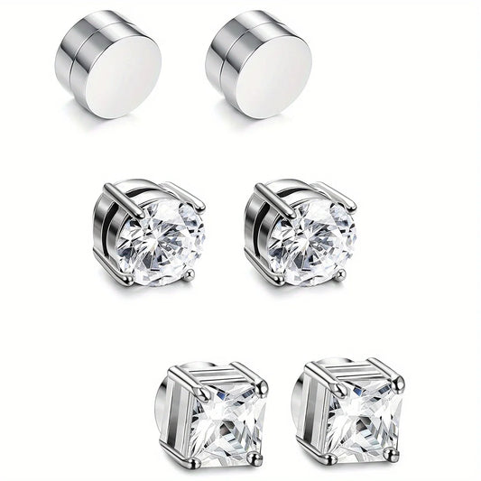 1/3Pairs 6MM Crystal Magnetic No-Pierce Stainless Steel Stud Earrings for Men Punk Zircon Magnet Earrings Non Piercing Jewelry