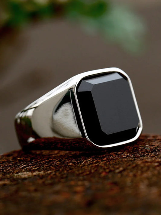 Retro Black Glass Onyx Ring For Men Alloy Classic Fashion Designer Ring Handmade Jewelry Rock Hiphop Accessories Unisex Gift