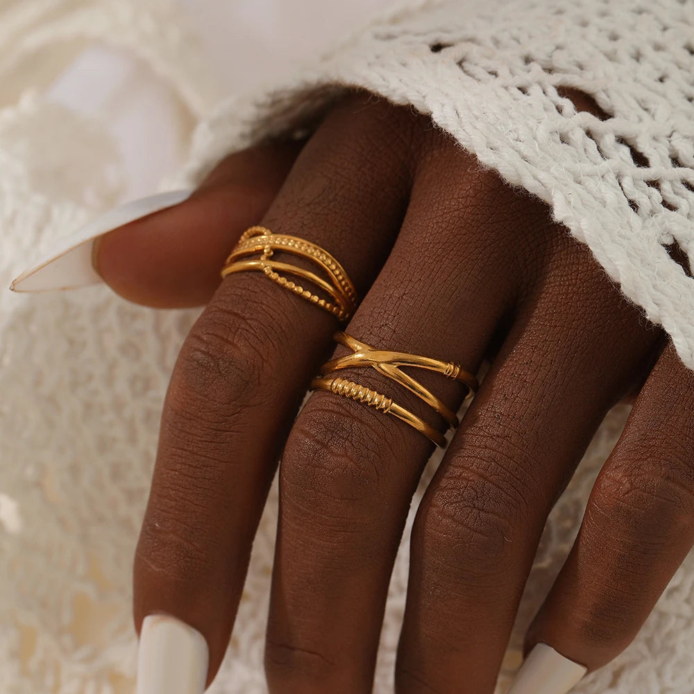 Stainless Steel Rings Hip Hop Street Fashion Geometric Lines Crossover Ring Set of 2 For Women Jewelry Everyday wear Wholesale