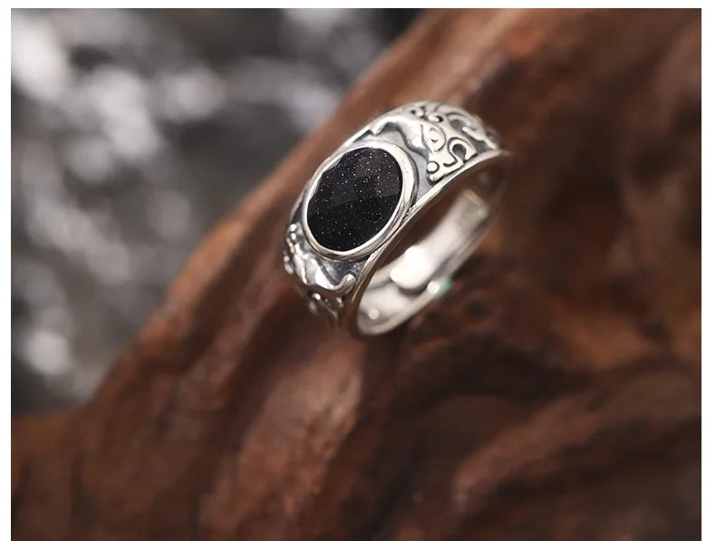 SA SILVERAGE 925 Sterling Silver Black Stone Adjustable Wedding Ring for Men Silver Band Statement Ring Wedding Bands