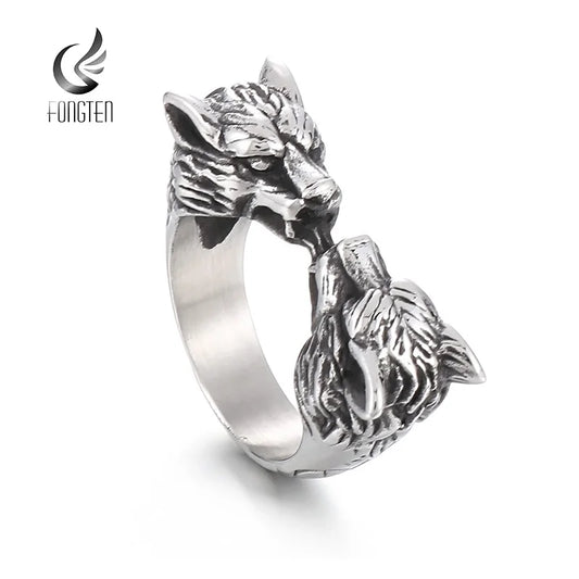 Fongten Punk Ring For Men Silver Color Stainless Steel Double Wolf Head Gothic Rings Men's Jewelry Wholesale