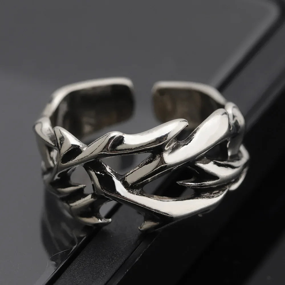 Hip Hop Rock Irregularity Thorns Stainless Steel Opening Rings Gothic Punk Finger Ring for Men Women Personality Finger Jewelry