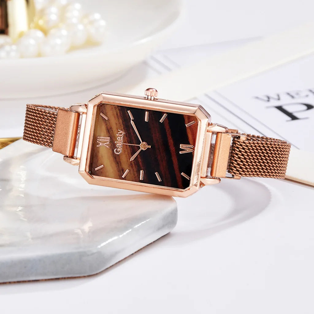 2pcs Set Women Watches Fashion Square Ladies Quartz Watch Bracelet Simple Rose Gold Mesh Luxury Women Watches Relogio Feminino