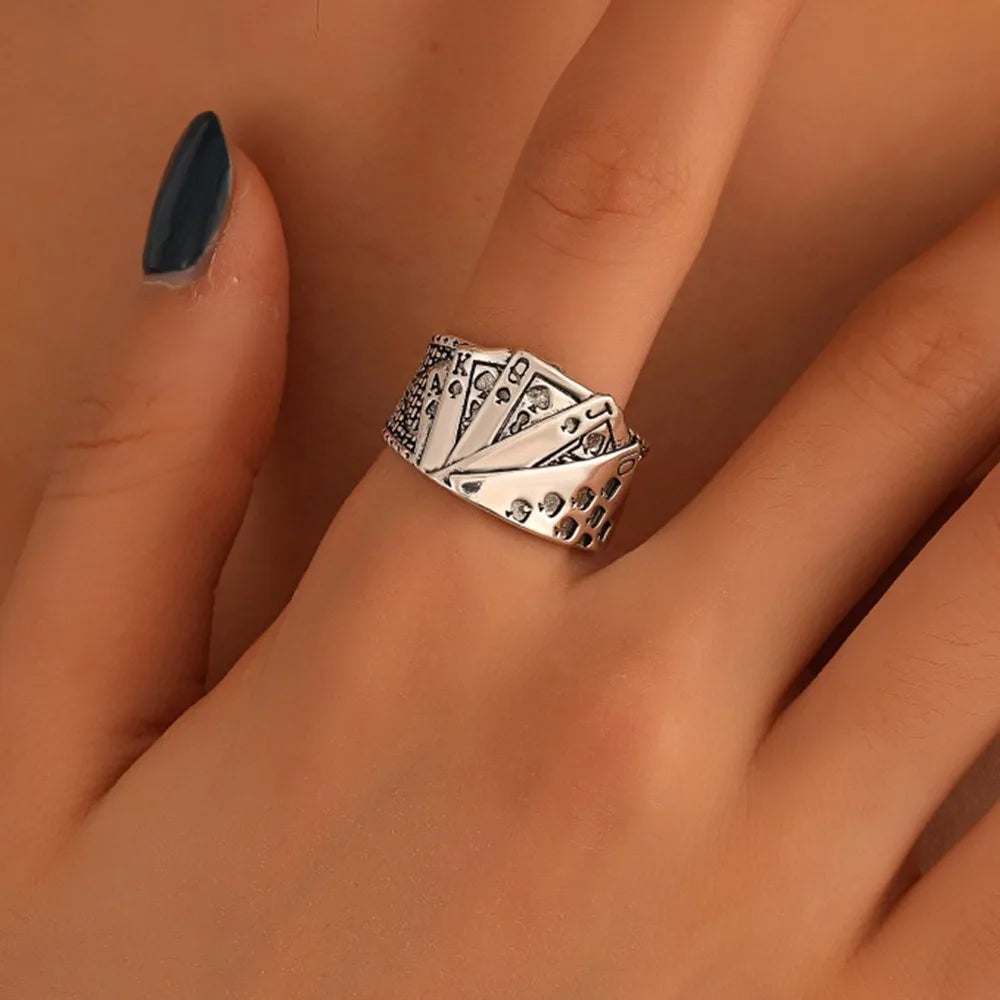 Punk Retro Metal Playing Card Ring Personality Hip Hop Rock Open Ring for Men Women Gothic Finger Jewellery Accessories Gifts