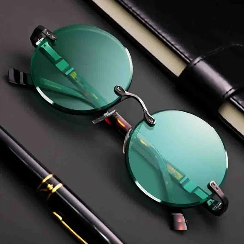 Fashion Classic Rimless Sunglasses Women Men Crystal Dark Green Lens Sun Glasses Retro Round Glasses Outdoor Driving Eyeglasses