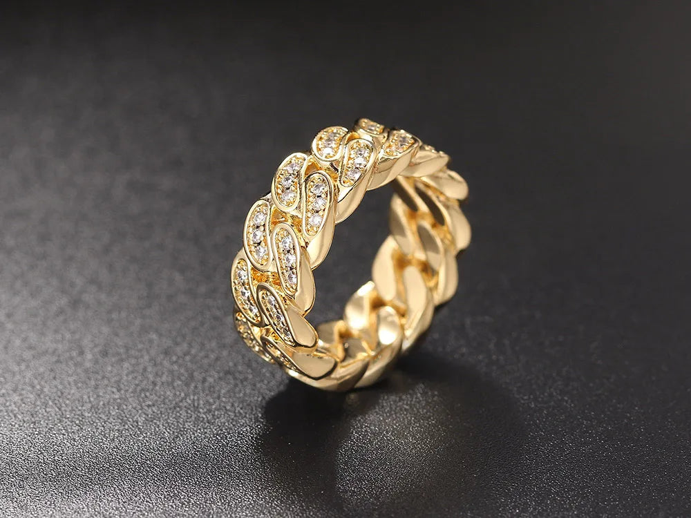 Hip Hop Cuban Link Ring For Women Men Hollow Crystal Zircon Gold Color Finger Rings Accessories Hippie Punk Jewelry OHR021