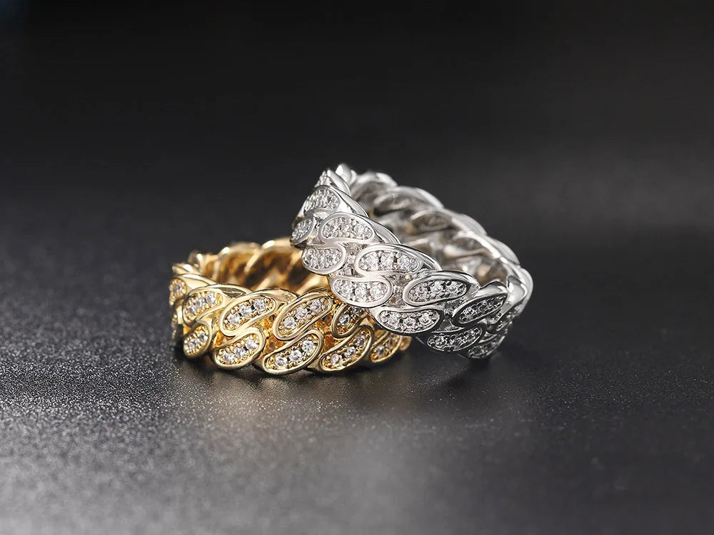 Hip Hop Cuban Link Ring For Women Men Hollow Crystal Zircon Gold Color Finger Rings Accessories Hippie Punk Jewelry OHR021