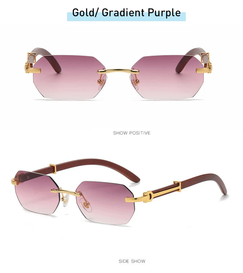 Trendy Rimless Sunglasses for Men Women Frameless Rectangle Wood Frame Sun Glasses Retro Shades Summer Traveling Eyewear UV400