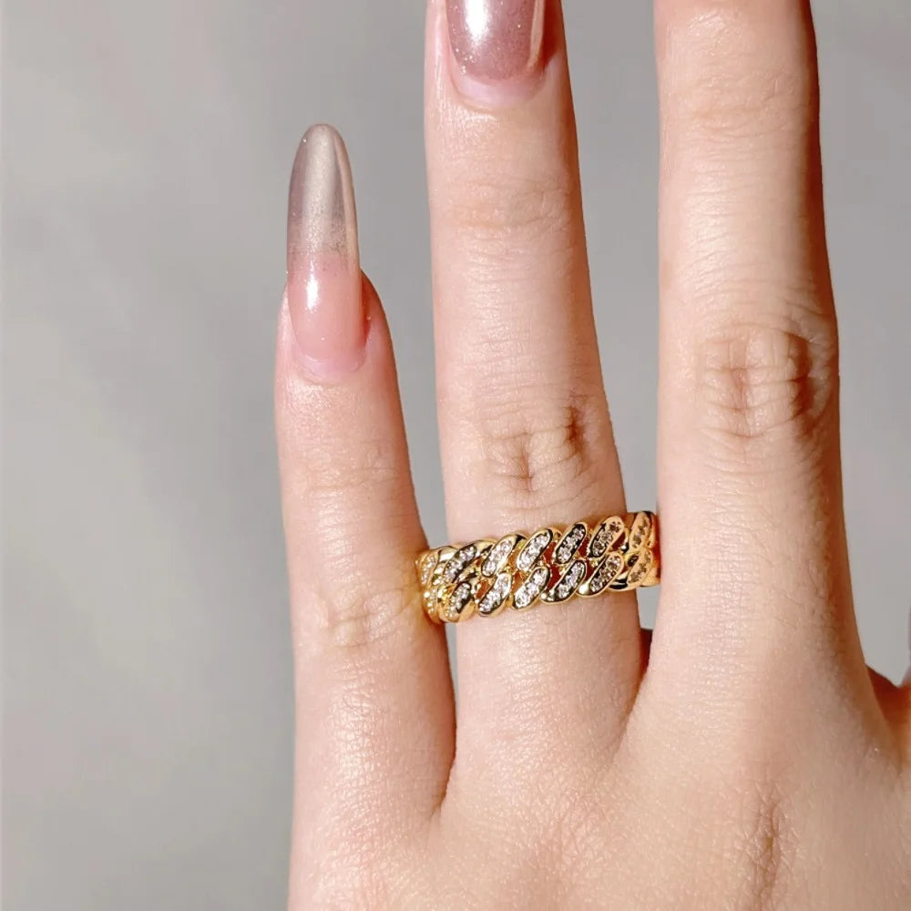 Hip Hop Cuban Link Ring For Women Men Hollow Crystal Zircon Gold Color Finger Rings Accessories Hippie Punk Jewelry OHR021