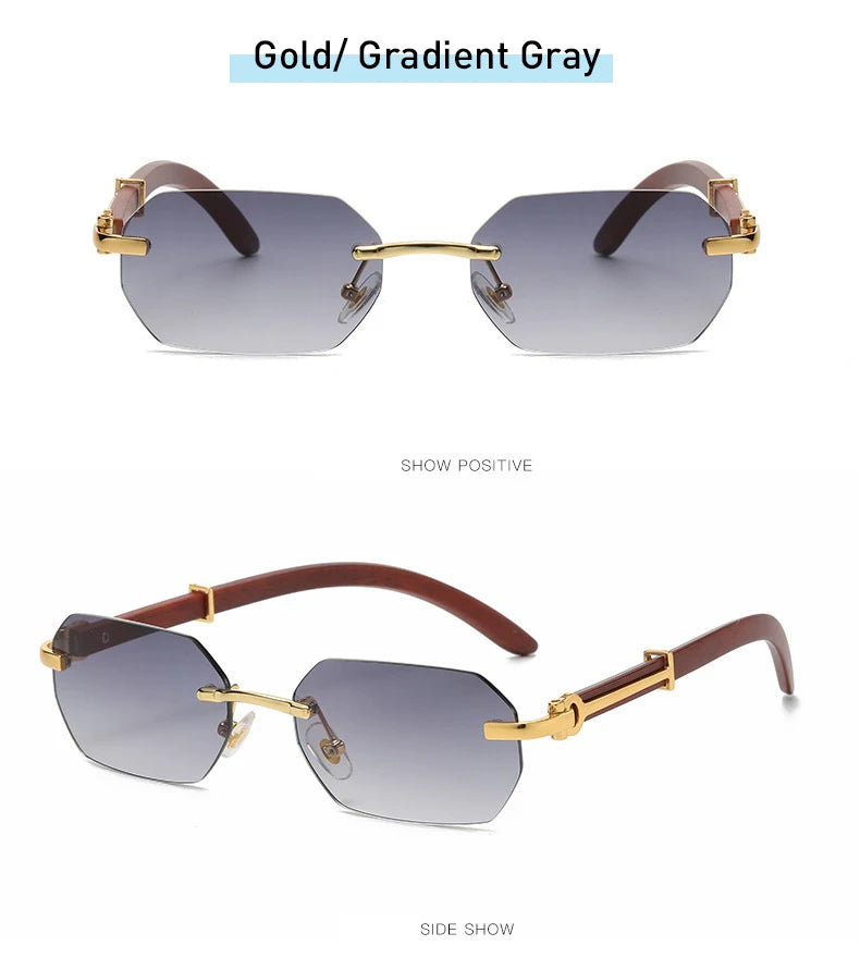 Trendy Rimless Sunglasses for Men Women Frameless Rectangle Wood Frame Sun Glasses Retro Shades Summer Traveling Eyewear UV400