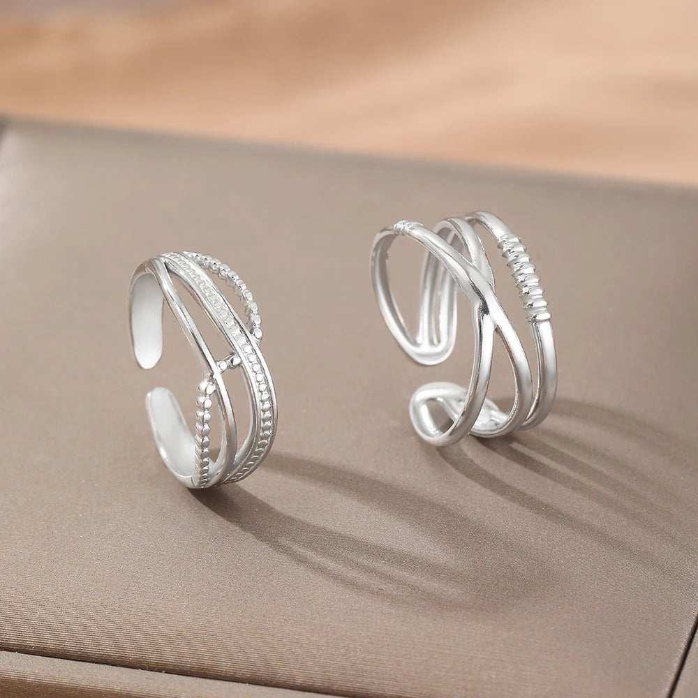 Stainless Steel Rings Hip Hop Street Fashion Geometric Lines Crossover Ring Set of 2 For Women Jewelry Everyday wear Wholesale