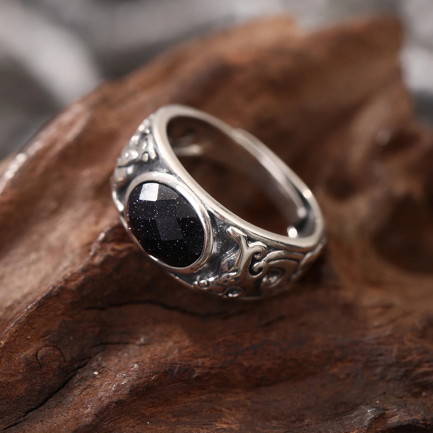 SA SILVERAGE 925 Sterling Silver Black Stone Adjustable Wedding Ring for Men Silver Band Statement Ring Wedding Bands